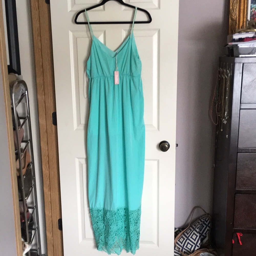 Pinkblush Aqua Maxi Dress with Lace Hem